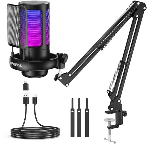 SPKPAL USB Gaming Microphone for PC, Podcast Microphone with Boom Arm, Touch Mute,RGB Lighting for PS4/5, Mac, Phone, Computer Microphone with Pop Filter, Headphone Jack for Streaming, Twitch, YouTube