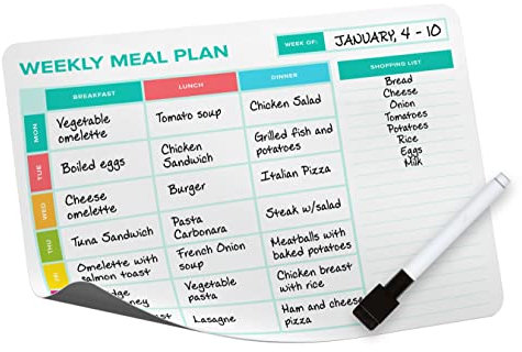Planungstafeln, Magnetischer Wochenplaner kalender (Mehrfarbig 19,5 cm. x 14 cm.), Menüplaner, Spezialfelder - Einkaufslisten + Trockenlöschmarker mit Magnetkappe