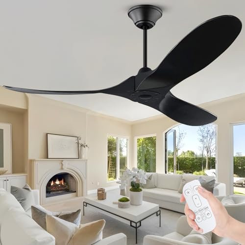 60 Inch Modern Black Ceiling Fans without Lights with Remote, Wood Outdoor Ceiling Fan for Patio with Reversible DC Motor, Indoor Large Airflow Ceiling Fan for Living Dining Room Covered Outside