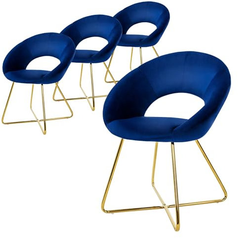 ML-Design Esszimmerstühle 4er Set Blau aus Samt, Wohnzimmerstuhl mit runder Rückenlehne, Polsterstuhl mit goldene Metallbeine, Ergonomische Esstisch Sessel, Küchenstuhl Schalenstuhl Schminktisch Stuhl