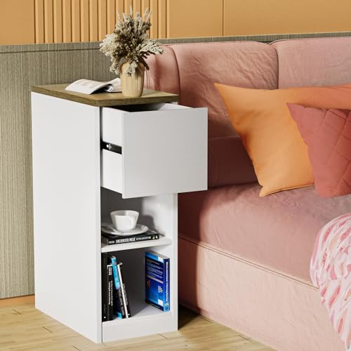 Nachttisch Schmal Beistelltisch Hoher Nachttische mit Schublade Offenen Fächern Nachttisch Holz mit Ablagefächern Tisch Wohnzimmer Betttisch 25x45x70cm Nachtschrank Weiß für Schlafzimmer Büro,1Stück