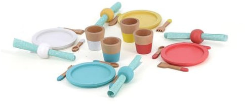 Vilac - Dinette Repas en Bois - Ensemble de 28 pièces pour Enfants - Stimule l'imagination et l'imitation avec Assiettes, Verres, Couverts et Serviettes - Favorise la motricité Fine