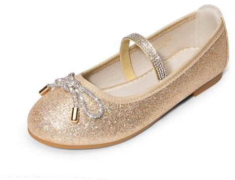 DREAM PAIRS Girls Ballet Flats Slip-on Flower Bow Kids Party Shoes,Size 13 Little Kid,Gold/Glitter-Glitter,SDFL2409K