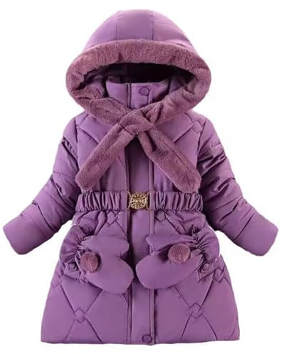 Happy Cherry Cappotto Ragazza Invernale con Cappuccio Staccabile & Guanti Parka Antivento Giacca Inverno Piumino Fodera in Pile Caldo Viola 8-9 Anni