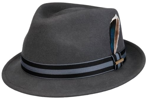Stetson Galento Trilby Wool Felt Hat Asahi Guard Packable Stripe Band Feather Men Autumn Winter Grey