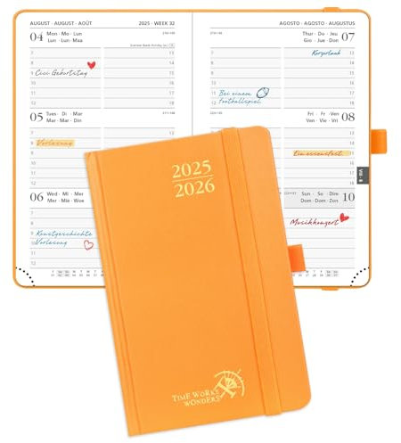 POPRUN Taschenkalender 2025 2026 Klein Hardcover, ca. A6 (16 x 10,5 cm) - Kalender 2025 2026 Klein (Aug.2025-Dez.2026) - Wochenplaner 1 Woche 2 Seite mit Innentasche - Orange