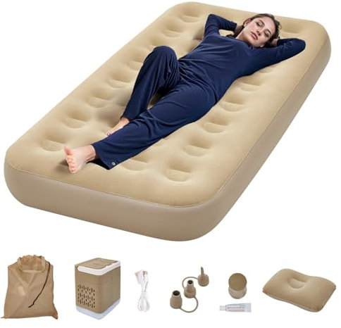 Warmiehomy Single Air Bed with Built-in Electric Pump, Self Inflation&Deflation Mattress with Pillows, Blow Up Bed with Carry Bag for Bedroom, Camping, Indoor&Outdoor, Airbed 25cm Thickness
