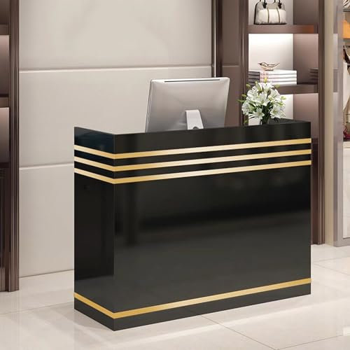 Generisch Empfangstresen, Holz-Theke für Kasse & Einzelhandel, Rezeption mit 2 verschließbaren Schubladen, goldene Zierleisten, für Büro Boutique Spa (Holzoptik)