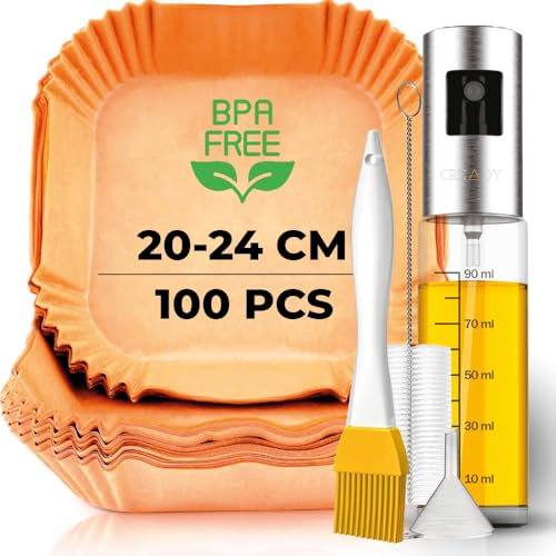 CREADY Papel Para Freidora de Aire 100 Piezas Extra Grueso [20-24CM] + Spray de Aceite | Accesorios Freidora de Aire | Papel Air Fryer Cuadrado | Accesorios Airfryer | Air Fryer Cosori 5,5 y Más