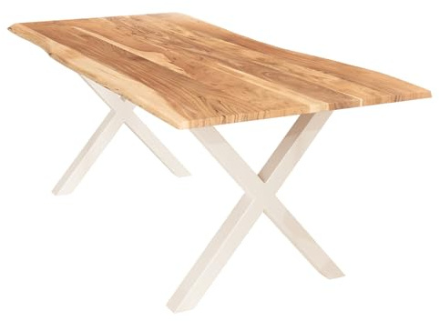 Liadomo Esstisch 180x90 Isa Natur, X-Gestell weiß | Baumkante, Akazie Massivholz Tisch, 26mm Tischplatte lackiert, Metallgestell, Robust & Pflegeleicht, bis zu 8 Personen