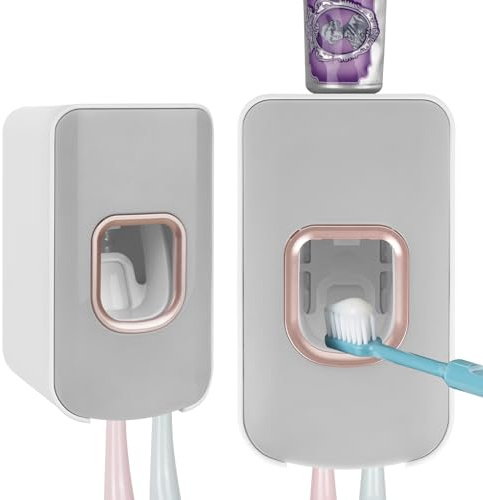 Zahnbürstenhalter mit 2 Schlitzen und Zahnpastaspender zur Wandmontage, automatische Zahnpasta-Presse, 2-in-1-Zahnbürsten-Zahnpasta-Organizer für Dusche (Hellgrau)