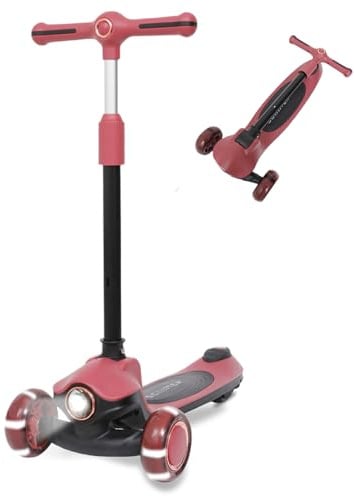 Habib Gruppe Kinderroller Tretroller 3-Rad - LED Frontlicht, Rücklicht & Leuchtendes Deck Scooter, Faltbar, Höhenverstellbar, rutschfest & Pannensicher (3-10 Jahre) (Rot)