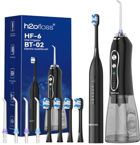 H2ofloss Set di idropulsore e spazzolino elettrico 2 in 1 per la cura orale per spazzolatura e filo interdentale, serbatoio dell'acqua da 300 ml, 20-110 psi, 5 modalità, senza BPA, lunga durata della