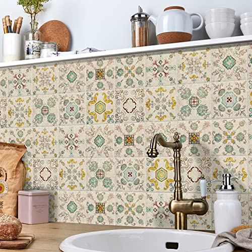 Ntrniva Victorian Peel and Stick Tile Stickers, 15cm, 24 Pack, Cream | Waterproof vinyl peel and stick tiles for kitchen and bathroom. 6 Inch (15x15 cm) Victorian tile transfers for ceramic.