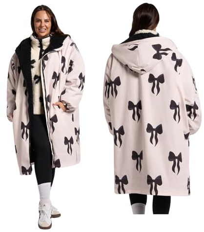 OHS Bow Print Women's Coats Changing Robe, Gifts for Women Oversized Waterproof Jacket Rain Coats for Women with Hood & Pockets Lightweight Breathable Drying Robe for Outdoor Travel, Mono - L/XL