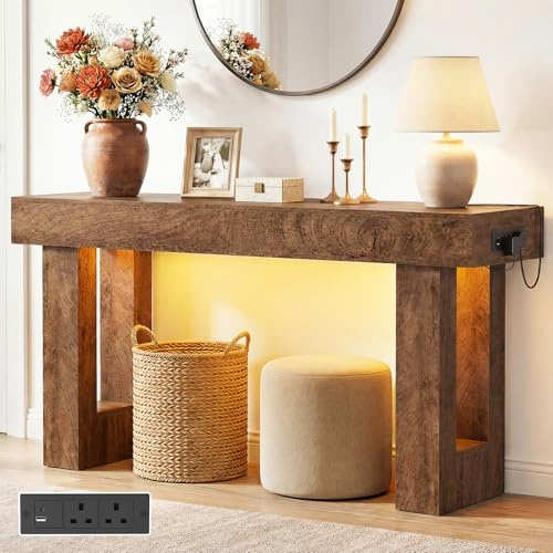 Console Table with Outlets & Motion Sensor LED, 120cm Narrow Behind Couch Sofa Table with USB Ports, Modern Hallway Entryway Table with Storage Space for Entrance Hall, Living Room, Rustic Oak
