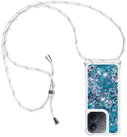 YAMCCCSE Funda Bling Glitter Liquida con Cuerda para Xiaomi Poco C85 / Xiaomi Redmi 15C 4G, Transparente Cristal Suave Silicona TPU Bumper Protector Carcasa con Colgante Ajustable Cordón, Azul