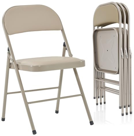 Bonnlo Klappstuhl 4er Set aus Stahl, Gepolsterte Klappstühle mit PVC-Kunstleder, Stabiler Stahlrahmen, bis 159 kg, Faltbarer Stuhl für Veranstaltungen, Messen, Büro & Zuhause, Hellbraun