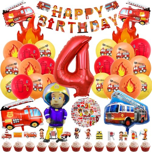 Huahuanghui Feuerwehr Geburtstag Deko 4 Jahre,Feuerwehrauto Geburtstag