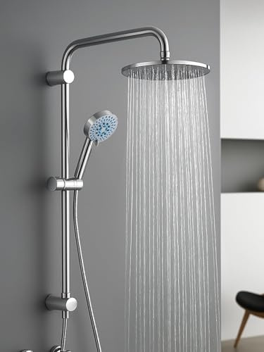 CROWNSHOP Round Shower Set Twin Head Rainfall Riser Rail Handheld Kit | Adjustable Bathroom Shower System 304 stainless steel brass diverter extended arm design for family bathroom daily shower