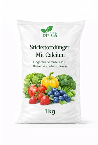 DTP-SOFT Stickstoffdünger mit Calcium 1kg/1000g - Calciumdünger und Universaldünger für Gemüse, Obst, Beeren und Gartenpflanzen - Gartendünger für kräftiges Wachstum, starke Zellstruktur und gesunde E