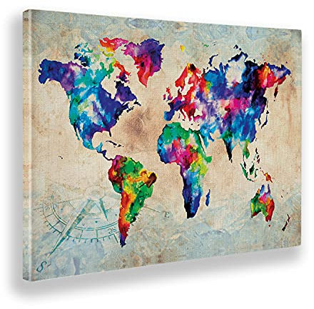 Giallobus - BILD - DRUCK AUF LEINWAND - WORLD MAP COLOR - FARBIGE WELTKARTE - 100 x 140 CM