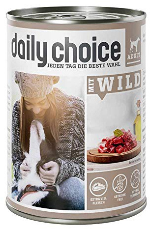 DAILY CHOICE – Wild | Nassfutter mit natürlichen Zutaten und wertvollen Superfoods für ausgewachsene Hunde. Getreidefreies Alleinfutter ohne Zusatzstoffe in der Dose | 24x400g Wild