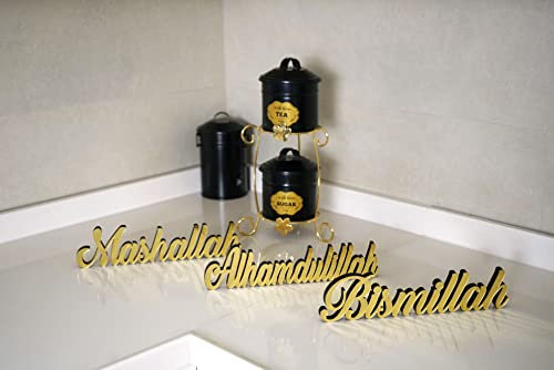 iwa concept Bismillah Alhamdulilla Mashallah freistehende Holzdekor mit glänzendem Acryl-Finish (3 Stück, Gold)