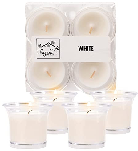 Hyoola Velas Votivas con Perfume – Velas Aromáticas en Vaso Transparente – Velas Perfumadas de Color Blanco – 12 Horas de Combustión – Pack de 4 – Hechas en Europa