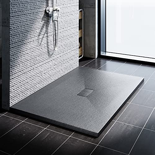 SONNI Duschwanne Schieferoptik und Rutschfeste Struktur 140x100 cm Grau Duschtasse flach (Inklusive Siphon)