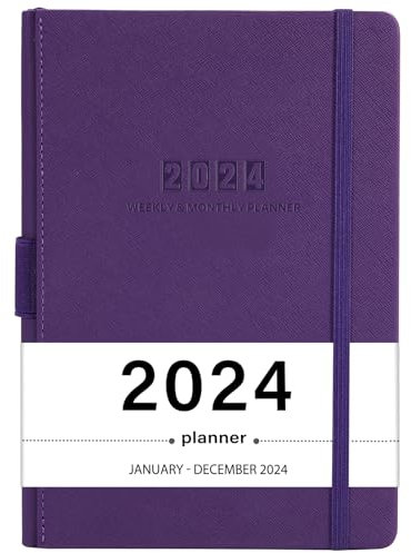 Planer 2024 - 12 Monate Wochenplaner Monatsplaner 2024, Januar 2024 - Dezember 2024, 14,6 x 21,0 cm, Saffiano-Leder mit dickem Papier, Rückentasche mit 40 Notizseiten, Lila