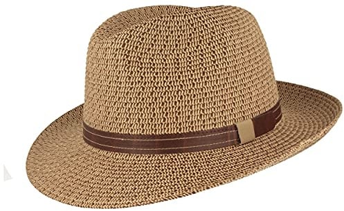 Strohhut Bogarthut Sommerhut Sonnenhut aus 100% Papier knautschbar Besonders Leicht, Flexibel, Hautfreundlich Bequem Braun meliert Kunstlederband, S