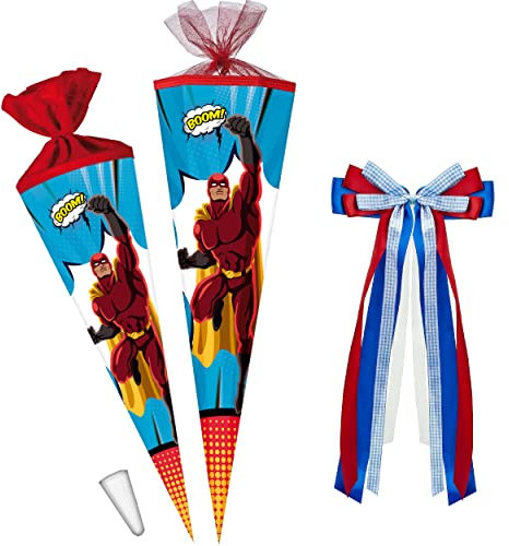 alles-meine.de GmbH Schultüte - Superhero - Superheld 70-85 cm Größe wählbar Zubehör - komplette Füllung - Zuckertüte - Tüllabschluß/Filzabschluß - eckig/rund - Junge..