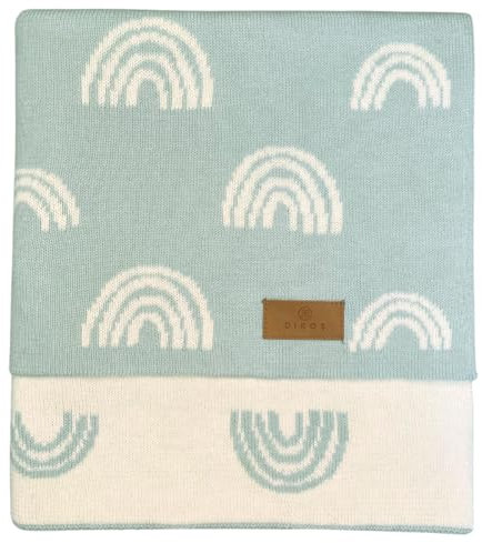 DIKOS Babydecke GOTS 100% Bio Baumwolle Regenbogen Mint Neugeborenen Decke Mädchen Junge Kuscheldecke Strickdecke Baumwolldecke Kinderwagen Baby Erstausstattung Geschenk zur Geburt