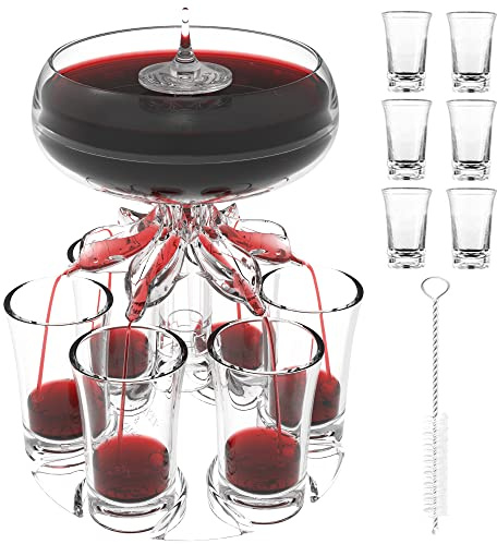 ALEVMOOM 6 Shot Glass Dispenser and Holder, Dispensers For Filling Liquids Multiple 6 Shot Glass, Acrylic Touchless Liquor Dispenser for Drink Cocktail Juice - Fun Bar Accessories Drink Tool