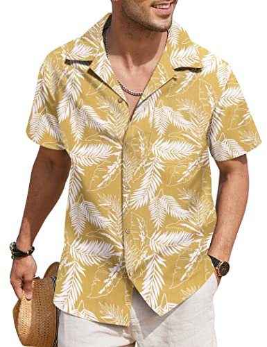 COOFANDY Mens Hawaiian Floral Shirts Regular Fit Linen Shirt Holiday Tropical Beach Tops Yellow M