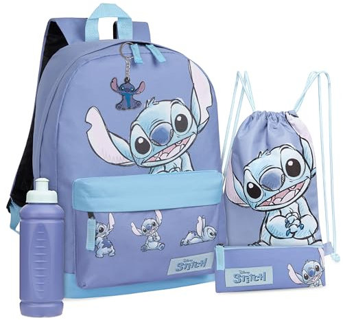 Disney Stitch Ensemble 5 Pièces avec Sac à Dos, Sac à Cordon, Trousse, Bouteille et Porte-Clés