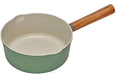 Dr.HOWS Omiza, 20,3 cm große Antihaft-Keramik-Saucenpfanne, PFOA-frei, PFOS-frei, Doppelausguss, mittelgroßer Stielkasserolle, Holzgriff, für Gas, Elektro, Halogen, Induktionsherd (grün)