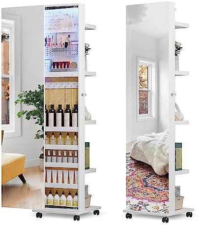 Lvifur LED Armoire à Bijoux,Rangement Bijoux pivotante à 360°,Organisateur de Bijoux sur Pieds avec,Lampadaire à intensité variable 3 couleurs Armoire à Bijoux,Miroir coulissant,Blanc