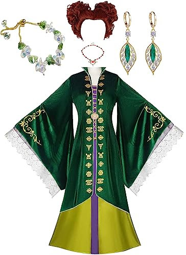 Yanny Weiblich Winifred Sanderson Kostüm Mary Sarah Sanderson Cosplay Perücke Ohrringe Halskette Kleid Zubehör für Halloween (Grün 2, Medium)