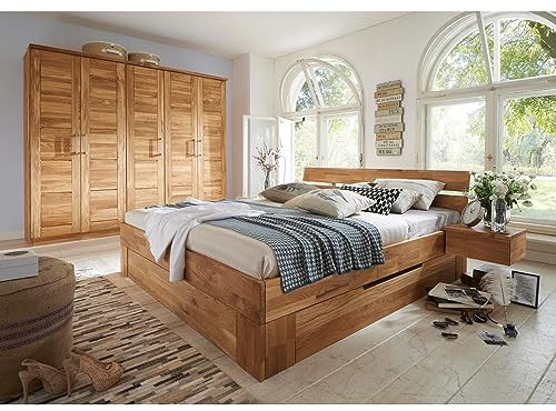 Lomadox Schlafzimmer Komplett Set 5-türiger Massivholz Kleiderschrank Schrank mit 180x200 cm Bett Ehebett Set in Wildeiche massiv
