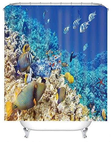 Skcess Duschvorhang Eckdusche Blau, Polyester Duschvorhang Wasserdicht Unterwasserlebewesen Anti Schimmel Duschvorhang 165x200CM