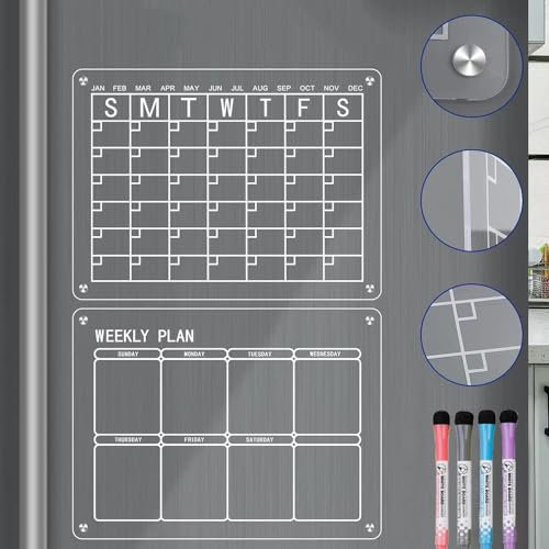 Acryl-Kalender, magnetischer Kühlschrankkalender, 39,9 x 30,6 cm, transparenter Kühlschrankkalender, 2er-Set, wiederverwendbar, trocken abwischbar, Wochenplaner, Tafel (Monatskalender und