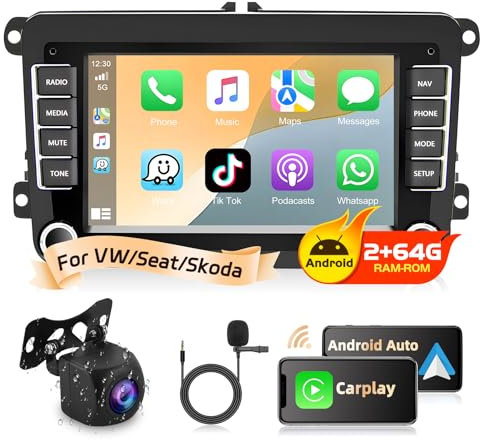 Podofo Autoradio für VW Golf 5 6 Polo Seat Skoda mit Apple Carplay Android Auto, 2G+64G 7-Zoll-HD-Touchscreen, Doppel-DIN-Autoradio, unterstützt GPS/Bluetooth/WLAN/FM/RDS + Rückfahrkamera, Mikrofon