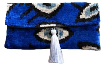 Handgefertigte Ikat Mini Clutch Geldbörse mit Quaste für Frauen Kayla Clutch Tasche mit Quaste, Saks