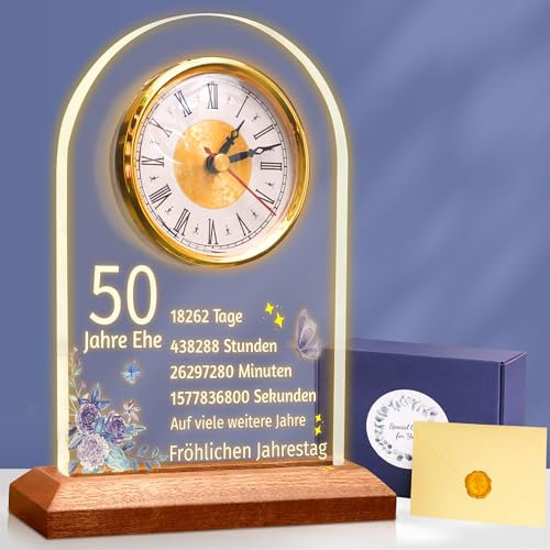 OkiyiD 50. Jahrestag Hochzeit Geschenk, Jahrestag Quarzuhr, Schreibtisch Tisch Uhr, 50 Jahre Ehe, Goldene Hochzeit für Paar, Eltern, Großeltern (50. Jahrestag)