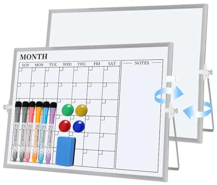 Dry Erase Small whiteboard, 16 x 12 inches Double-Sided Desktop Whiteboard Calendar with Stand, Portable Magnetic A3 Whiteboard with 6 Markers for Kids Classroom, Kitchen, School, Home, Office