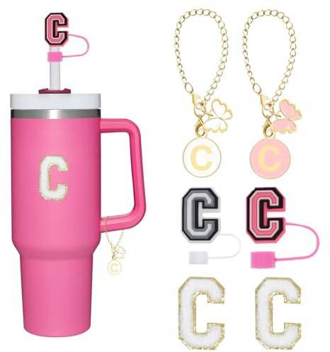 Reusable Straw Cover for Stanley Cup Accessories, 2Pcs Dustproof Straw Covers with Letter Charms and Personalized Name Stickers(C)