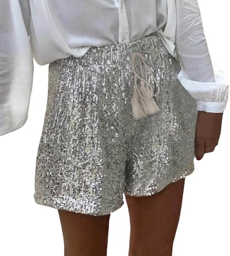 Generisch Damen Pailletten Shorts - Hohe Taille Kordelzug Metallic Hotpants Glitzer Festivals Outfits Glänzend Kurze Hose Sexy Silber XL