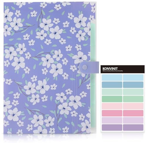 KONVINIT Dokumentenmappe A4,Fächermappe Mappen Ordnersystem,Ordnungsmappe 5 fächer,Floral Dokumente Organizer Mappe mit Schnalle Mappe a4 mit Fächern,purple